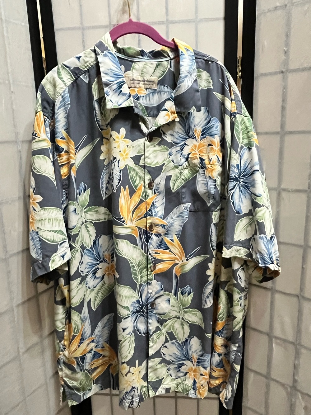 Tommy Bahama Blue-Gray Hawaiian silk Shirt with Yellow & Green Floral Print 2XT